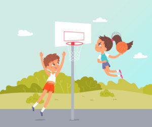 Rysunek pokazujący dziewczynkę i chłopca grających w koszykówkę na boisku zewnętrznym.